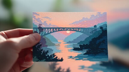 Serene Papercut Bridge: Tranquil Valley Landscape in Pastel Shades with Delicate Hand Holding Card - Creative Paper Cutting Artwork