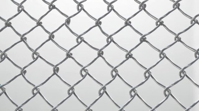 Close up of a metal chain link fence against a plain white or light gray background in daylight background texture video