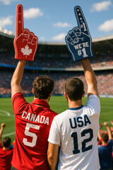 Canada and USA fans cheering with foam fingers at stadium

