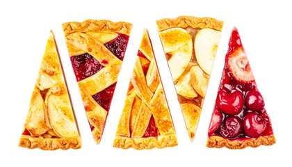 Set of fruit pie slices of fruit pies, white or transparent backdrop. AI