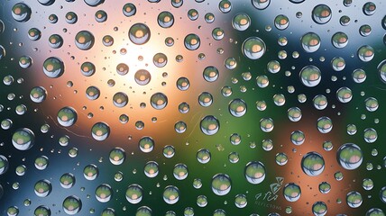 Water droplets on a windowpane reflect a vibrant sunset and greenery.