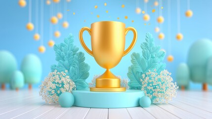 Golden Trophy on Blue Pedestal with Decorative Elements