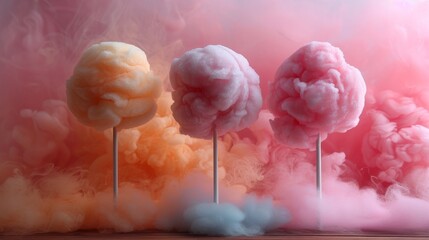 Three fluffy cotton candy shapes in pastel colors rising from a smoky background, evoking nostalgia and sweetness, perfect for fairs or fun gatherings.