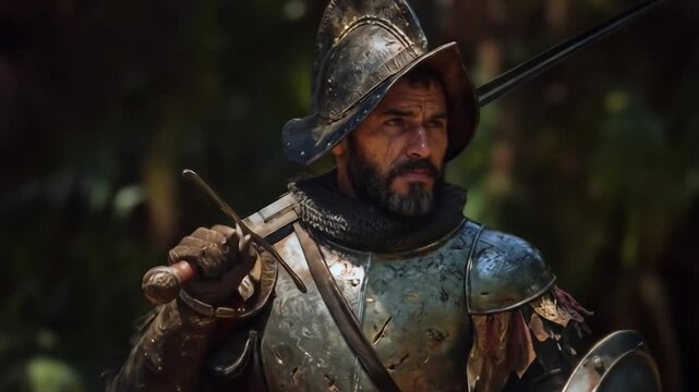 Epic character of a Spanish conquistador in America with tarnished armor, sword in hand and round shield, ready to face the unknown challenges of the conquer in the jungle. Cinematic scene of conquer.