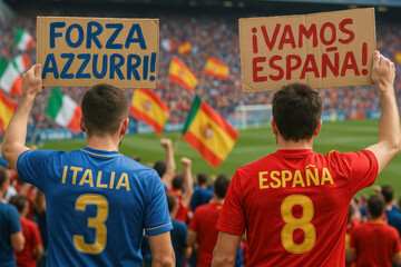 Italian and Spanish fans hold signs in packed stadium

