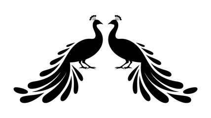 Two peacocks facing each other, black silhouette, elegant design, symmetrical.