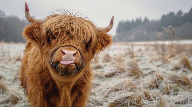A charming Highland cow with fluffy fur playfully sticking out its tongue stands in a frosty field, showcasing the beauty of rural life and nature.