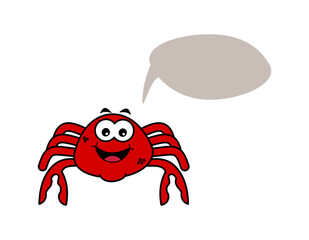 Cute red smiling crab with speech bubble on white background - vector