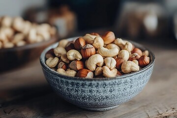 A rustic bowl filled with a mix of hazelnuts and cashews, resting on a wooden surface.