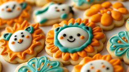 Adorable Animal-Themed Sugar Cookies with Vibrant Orange and Teal Icing