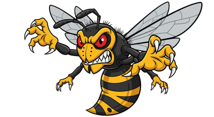 Cartoon Angry Hornet Mascot with Sharp Claws and Red Eyes
