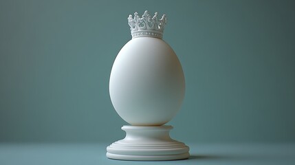Elegant White Egg Featuring Crown on a Simple Pedestal Against Blue Background