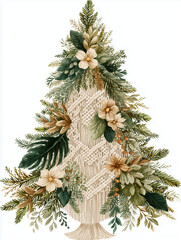 Boho-style Christmas tree crafted from macrame with detailed floral and botanical decorations in soft beige and green, isolated on white background.