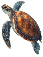 Side view of a swimming sea turtle with a glossy brown shell and textured flippers, isolated on white. Vibrant and lifelike design for stickers or educational use.