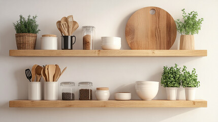 Chic minimalist beige‑and‑white kitchen shelf accented with warm wooden utensils—open, airy, and elegantly practical for daily cooking.