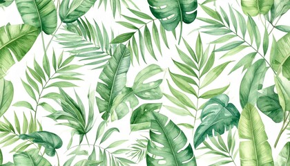 Seamless leafy jungle background, hand-painted watercolor texture