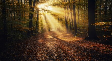 Sunlit Trail Through Forest with Golden Leaves in Autumn Glow