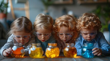 A group of four children, focused and curious, lean forward to observe colorful liquids in glass jars, showcasing their interest in scientific experimentation and discovery.
