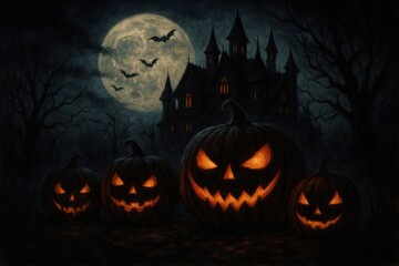 Spooky Halloween Night Background Featuring Sinister Pumpkins with Glowing Eyes in Front of a Creepy Haunted House or Castle with Silhouetted Bats and a Full Moon Gothic and Mysterious