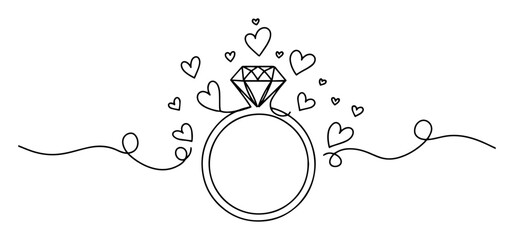 engagement ring with hearts outline vector drawing