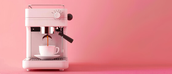 Pink coffee machine brewing espresso into a cup, set against a soft pink backdrop. Minimal cozy kitchen mockup.	