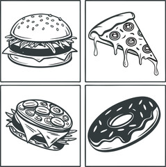 
This collection of images displays various black and white illustrations and icons of popular fast food items, beverages, and other food-related elements