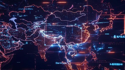 China digital network map video animated showing strategic military surveillance connections, cyber warfare infrastructure and geopolitical espionage operations across global territories - Powered by Adobe