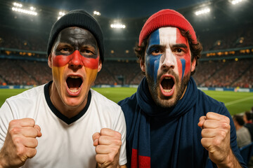 Germany and France Fans Cheering at Night Stadium

