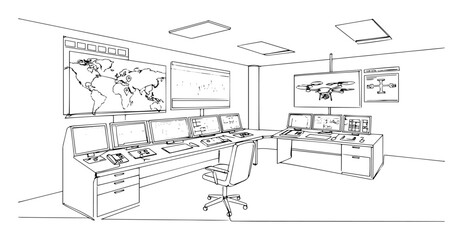 Fototapeta premium control room with drone monitors and maps outline vector