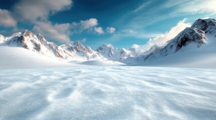 Naklejka premium A breathtaking landscape showcasing majestic snow-covered mountains under a clear blue sky, evoking feelings of peace, freedom, and the beauty of untouched nature.