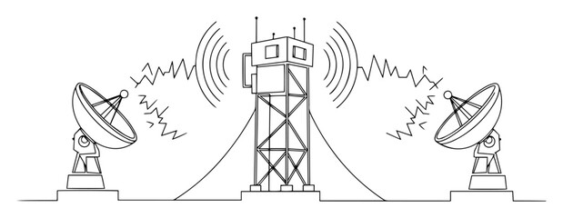 antenna tower between two satellite dishes with signals outline vector