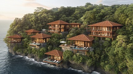 Fototapeta premium Oceanfront Villas, Tropical Cliffside Resort, Sunset