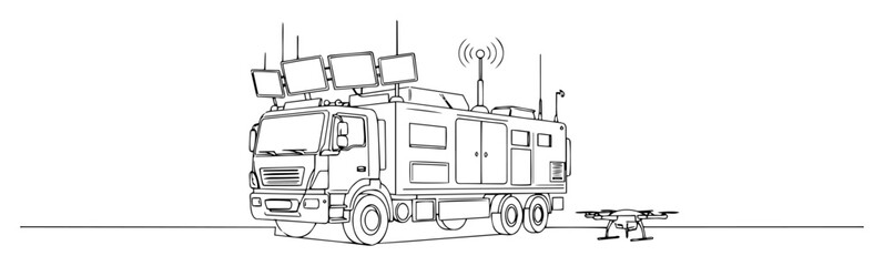 communication truck with antennas and drone on ground outline drawing