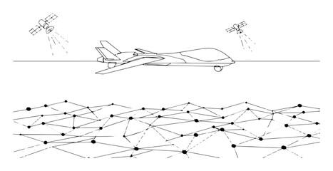 drone with satellite and connected network monoline vector