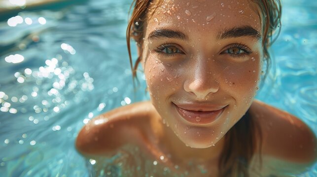 A close-up of a smiling girl with droplets on her face, captured in a pool setting, radiating happiness and carefree summer vibes amidst sparkling water reflections.