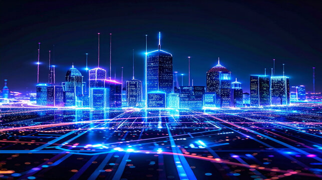 A glowing holographic cityscape projected mid-air, neon towers and floating vehicles illuminated by vibrant futuristic lights