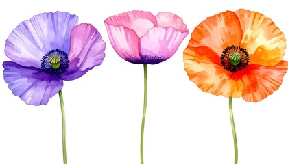 Watercolor Poppies with Purple, Pink, and Orange.
