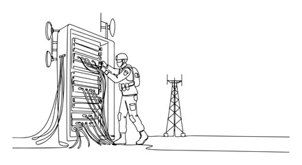 Obraz premium soldier working on communication cables and antenna sketch lineart