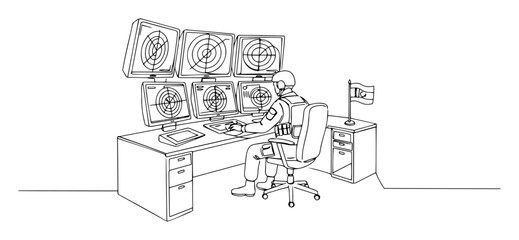 soldier monitoring surveillance data in base control room