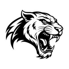 Fierce Black and White Panther Head Vector Illustration – Snarling Profile with Sharp Teeth, Intense Eyes, Bold Linework, Tattoo-Style Art, High Contrast Sports Logo Design on Clean Background