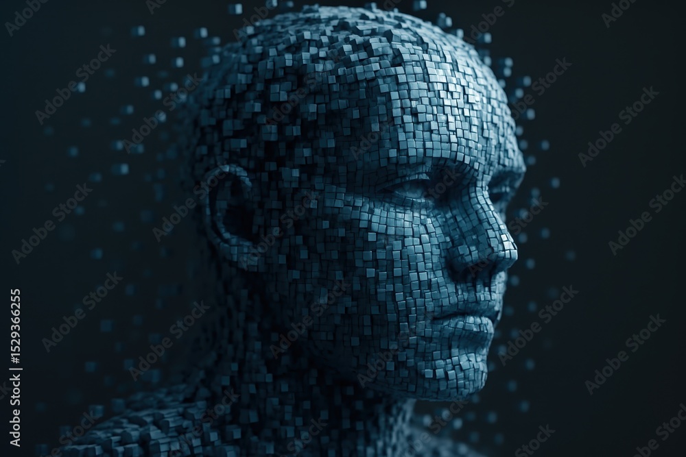 Poster abstract human head composed of interconnected digital blocks futuristic 3d art style artificial int