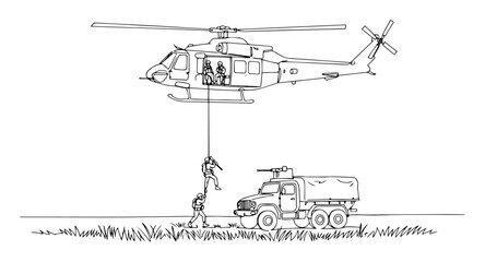Obraz premium helicopter rescue mission lifting soldier monoline sketch