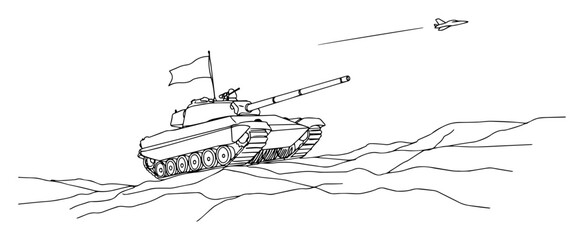 tank driving on hill with flag and jet overhead vector