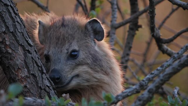 Cape hyrax resting on tree branch at dusk