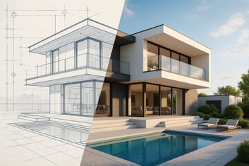 Architectural Dream Home Modern Luxury House Design Emerging from a Detailed Blueprint Plan Transformation Concept