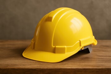 Bright Yellow Safety Construction Helmet Resting on a Wooden Table or Surface Close Up Workplace Safety Equipment