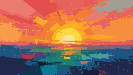Obraz premium Sunset over the sea. Vector illustration in a flat style.