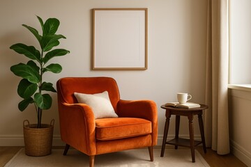 Chic Living Room Corner Bright Interior with a Stylish Orange Velvet Armchair Vintage Side Table and Lush Green Potted Plant Near a Blank Mockup Frame