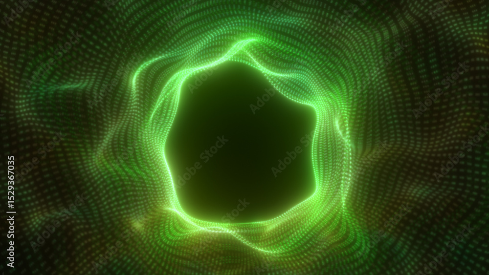 Poster circular green vortex made of digital particle streams forming a dense and glowing tunnel