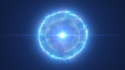 Luminous electric blue energy sphere pulsing with vibrant light and surrounded by glowing aura in deep space